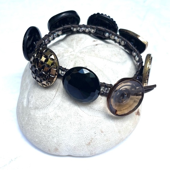 HANDMADE Button and Leather Bracelet Gold Black and Bronze Brown Leather - Picture 1 of 7